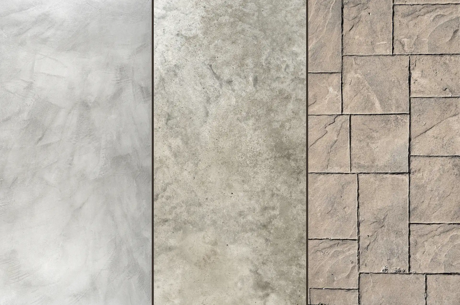 Three concrete solutions laid side by side: traditional, polished, and stamped. These are each option to an consider for a Finished Basement with Concrete.